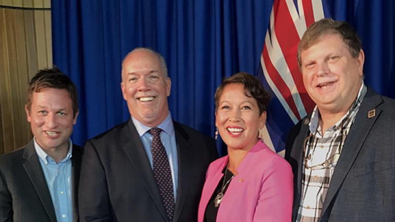 FPSE President George Davison with Premier Horgan, Advanced Education, Skills and Training Minister Melanie Mark, and Education Minister Rob Fleming.