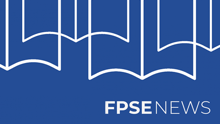 Text: FPSE News Image: Outline of books against blue background 