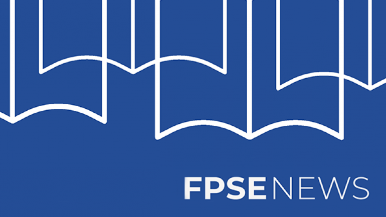 Outline of books against a blue background with text