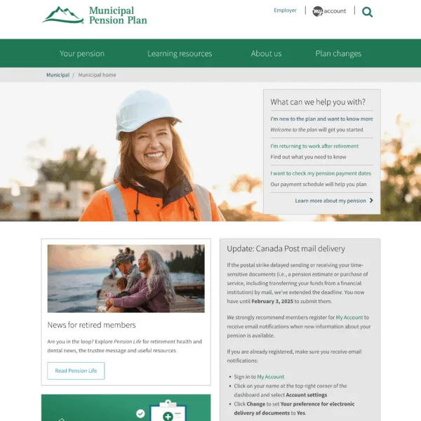 screenshot of pensions website