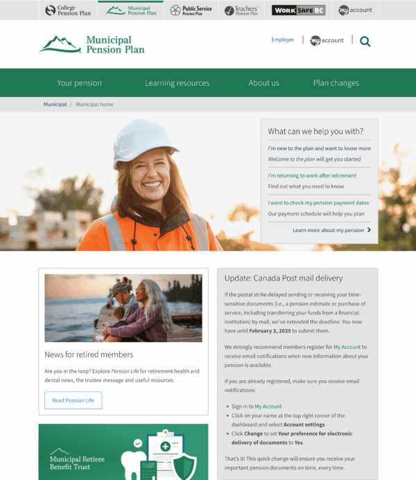 screenshot of pensions website